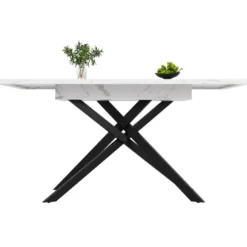 Pladsbesparende spisebord, der kan forlænges fra 120-160 cm, hvidt marmorlook og sorte metalben, til køkken og stue White+Black