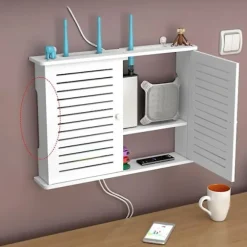 {PL}Trådløs Wifi Router Opbevaringskasser Trækasse Kabel Strøm Plus Trådfæste Væghængt Stik White