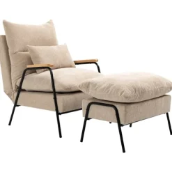 Polstret lænestol med fodskammel, lænestol med lænefunktion, polstret stol, hynde, tv-lænestol, 68 x 91,5 x 88 cm, beige