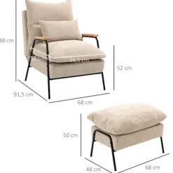 Polstret lænestol med fodskammel, lænestol med lænefunktion, polstret stol, hynde, tv-lænestol, 68 x 91,5 x 88 cm, beige