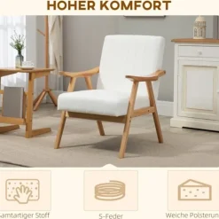 Polstret Loungestol I Fløjlslook Med Armlæn, Scandi Design, Cremefarvet, 68X74X82Cm