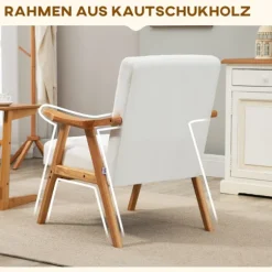 Polstret Loungestol I Fløjlslook Med Armlæn, Scandi Design, Cremefarvet, 68X74X82Cm