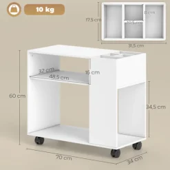Printerstativ med hylder, hvid, 70 x 34 x 60 cm