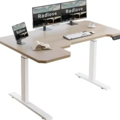 Radlove 150cm L Form Højde Justerbart Skrivebord-Elektrisk Højde Justerbart Sidde-Stå Skrivebord, Eg kastanj
