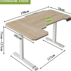 Radlove 150cm L Form Højde Justerbart Skrivebord-Elektrisk Højde Justerbart Sidde-Stå Skrivebord, Eg kastanj