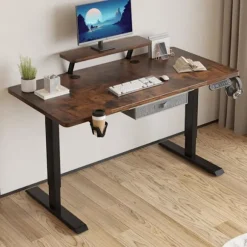Radlove 160x76cm Elektrisk Højdejusterbart Sidde-Stå-skrivebord-Med automatisk hukommelsesfunktion-hylde, brun farve kastanj