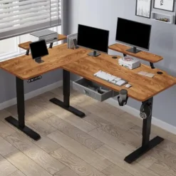 Radlove 160x120cm L Form Højdejusterbart hjørneskrivebord - elektrisk højdejusterbart sidde-stå skrivebord, retro farve kastanj