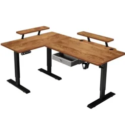 Radlove 160x120cm L Form Højdejusterbart hjørneskrivebord - elektrisk højdejusterbart sidde-stå skrivebord, retro farve kastanj