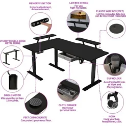 Radlove 160x120cm L Form Højdejusterbart hjørneskrivebord - elektrisk højdejusterbart siddestående skrivebord, farve sort Svart