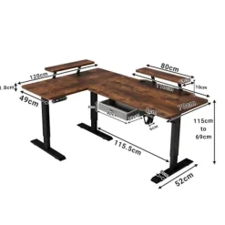 Radlove 160x120cm L Form Hjørne Skrivebord-Elektrisk Højde Justerbart Sidde Stå Skrivebord, Vintage brun farve kastanj