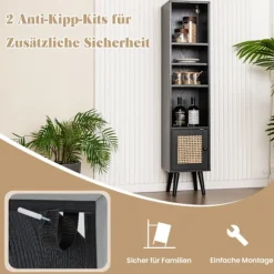 Rattan bogreol med 4 hylder & dør, Boho Style
