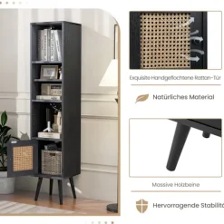 Rattan bogreol med 4 hylder & dør, Boho Style