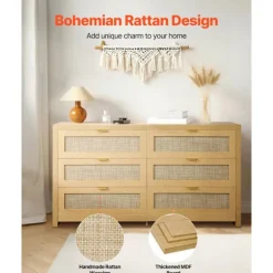 Rattan Kommode med 6 Skuffer-Duoku-med Metal Håndtag-Organisator til Tøj i Boheme Stil i Træ