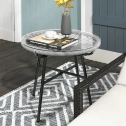Rattan Sidebord, Bistrobord, Sofabord Med Glasbordplade, Rundt, Til Terrasse, Balkon, Sort + Grå, 50X50X50Cm