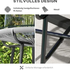 Rattan Sidebord, Bistrobord, Sofabord Med Glasbordplade, Rundt, Til Terrasse, Balkon, Sort + Grå, 50X50X50Cm