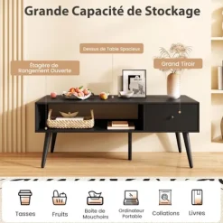 Rektangulær COSTWAY Sofabord, 1 Skuffe og Åben Opbevaringshylde, Stuebord 109 x 55 cm, til Kontorværelse, Sort Svart