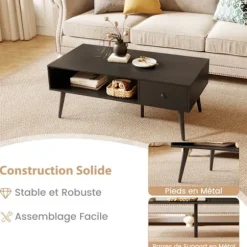 Rektangulær COSTWAY Sofabord, 1 Skuffe og Åben Opbevaringshylde, Stuebord 109 x 55 cm, til Kontorværelse, Sort Svart
