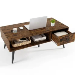 Rektangulær Lav Bord COSTWAY, Skuffe, Åben Opbevaringshylde, Stue Bord 109x55cm til Soveværelse Kontor, Rustic Brun Rustik brun
