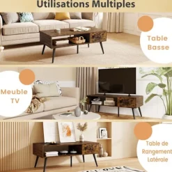 Rektangulær Lav Bord COSTWAY, Skuffe, Åben Opbevaringshylde, Stue Bord 109x55cm til Soveværelse Kontor, Rustic Brun Rustik brun
