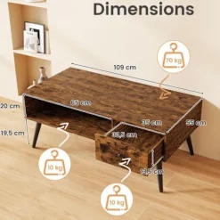Rektangulær Lav Bord COSTWAY, Skuffe, Åben Opbevaringshylde, Stue Bord 109x55cm til Soveværelse Kontor, Rustic Brun Rustik brun