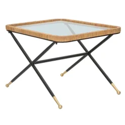 Rektangulært sofabord, glasplade, rattanstel, 70x50x45 cm