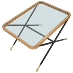 Rektangulært sofabord, glasplade, rattanstel, 70x50x45 cm