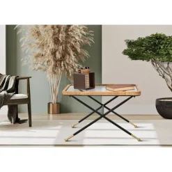 Rektangulært sofabord, glasplade, rattanstel, 70x50x45 cm
