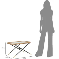 Rektangulært sofabord, glasplade, rattanstel, 70x50x45 cm