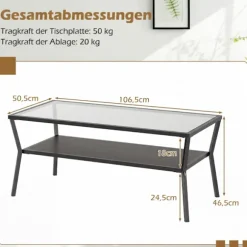 Rektangulært sofabord i glas med metalramme, opbevaring i 2 niveauer