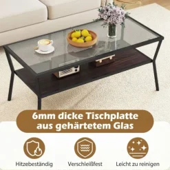 Rektangulært sofabord i glas med metalramme, opbevaring i 2 niveauer