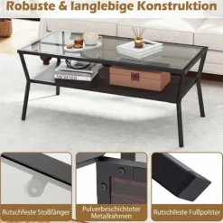 Rektangulært sofabord i glas med metalramme, opbevaring i 2 niveauer