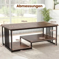 Rektangulært sofabord med 2 hylder, metalstel