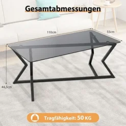 Rektangulært sofabord med hærdet glasplade og metalstel