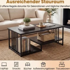 Rektangulært sofabord med 2 hylder, sort metalstel