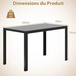 Rektangulært Spisebord 120 cm til 4 personer - COSTWAY - Glasplade - Metalramme til Køkken, Stue