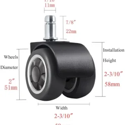 Reservekontorhjul i gummi med bredere dækdesign til beskyttelse af gulve 11 mm x 22 mm standard stangstørrelse Nem installationssæt med 5