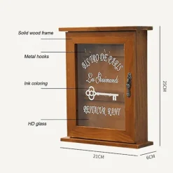 Retro nøgleskab i træ til væg med magnetisk dør, holdbar massiv træopbevaring med 6 kroge