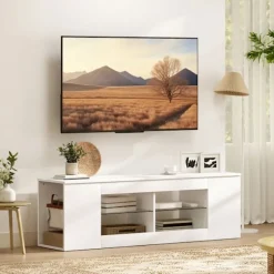 Rootz 140 cm TV-stander - TV-skab - Underholdningskonsol - Opbevaringsorganisator - Lyser rummet - Hvid spånplade - 140x35x42,5 cm