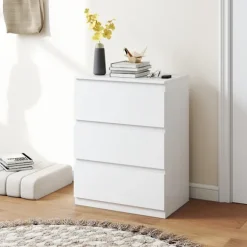 Rootz 3 skuffer kommode – Kommode – Opbevaringsskab – Håndtagsløst, moderne design, organiserer tøj – 60x40x79cm Hvid spånplade
