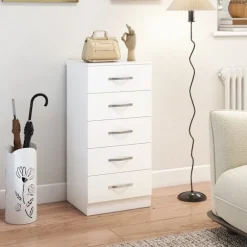 Rootz 5 skuffer kommode – Tøjopbevaringsenhed – Kommode, organisering – Pladsbesparende, moderne design – Hvid spånplade – 40x35x85cm