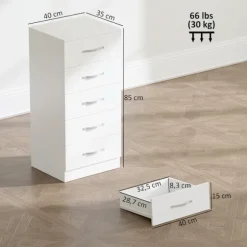 Rootz 5 skuffer kommode – Tøjopbevaringsenhed – Kommode, organisering – Pladsbesparende, moderne design – Hvid spånplade – 40x35x85cm