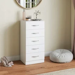 Rootz 5 skuffer kommode – Tøjopbevaringsenhed – Kommode, organisering – Pladsbesparende, moderne design – Hvid spånplade – 40x35x85cm