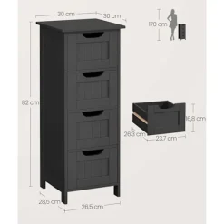 Rootz badeværelse side skab - opbevaring bryst - 4 skuffe enhed - sort MDF - 30 x 30 x 82 cm