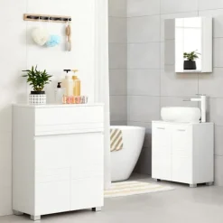Rootz Badeværelsesskab - Hvid opbevaringsenhed - MDF-døre - Spånpladekrop - Justerbar hylde - Tippesikring - 60 cm x 30 cm x 80 cm