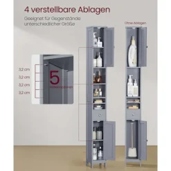 Rootz Badeværelsets kabinet - Slim Storage Unit - MDF Arrangør - Grå finish - Max Load 45 kg - 19,5 cm x 21,4 cm x 180 cm
