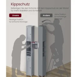 Rootz Badeværelsets kabinet - Slim Storage Unit - MDF Arrangør - Grå finish - Max Load 45 kg - 19,5 cm x 21,4 cm x 180 cm