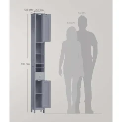 Rootz Badeværelsets kabinet - Slim Storage Unit - MDF Arrangør - Grå finish - Max Load 45 kg - 19,5 cm x 21,4 cm x 180 cm