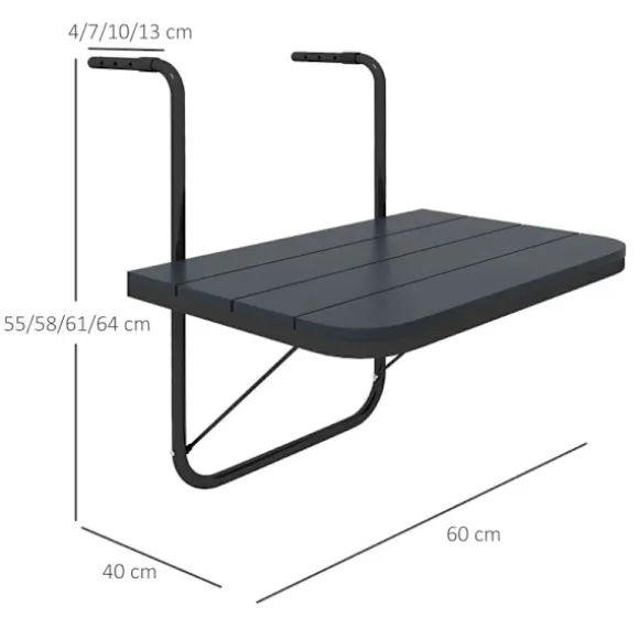 Rootz Balcony Hængebord - Havebord - Sammenklappelig - Højdejusterbar - Aluminiumsstel - Plastbordplade - Træeffekt - Sort - 60cm x 40cm x 64cm