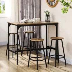 Rootz Barbordssæt - Industrielt Design - 5 Stk.bordsæt - 1 Barbord - 4 Barstole - Siddeområde - Køkkenbord - Sort + Brun - 110L x 50W x 89,5H cm.