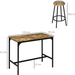 Rootz Barbordssæt - Industrielt Design - 5 Stk.bordsæt - 1 Barbord - 4 Barstole - Siddeområde - Køkkenbord - Sort + Brun - 110L x 50W x 89,5H cm.